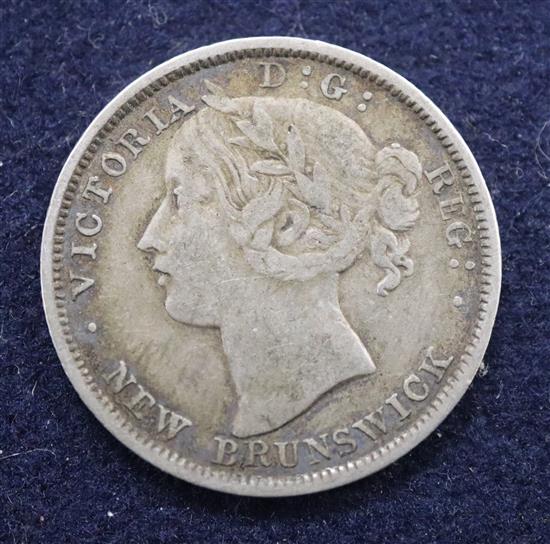 USA silver half dime 1838, edge wear otherwise GVF, Sardinia (Charles Felix) 25 centesimi 1829, NVF, and a New Brunswick 20 cents 1862,